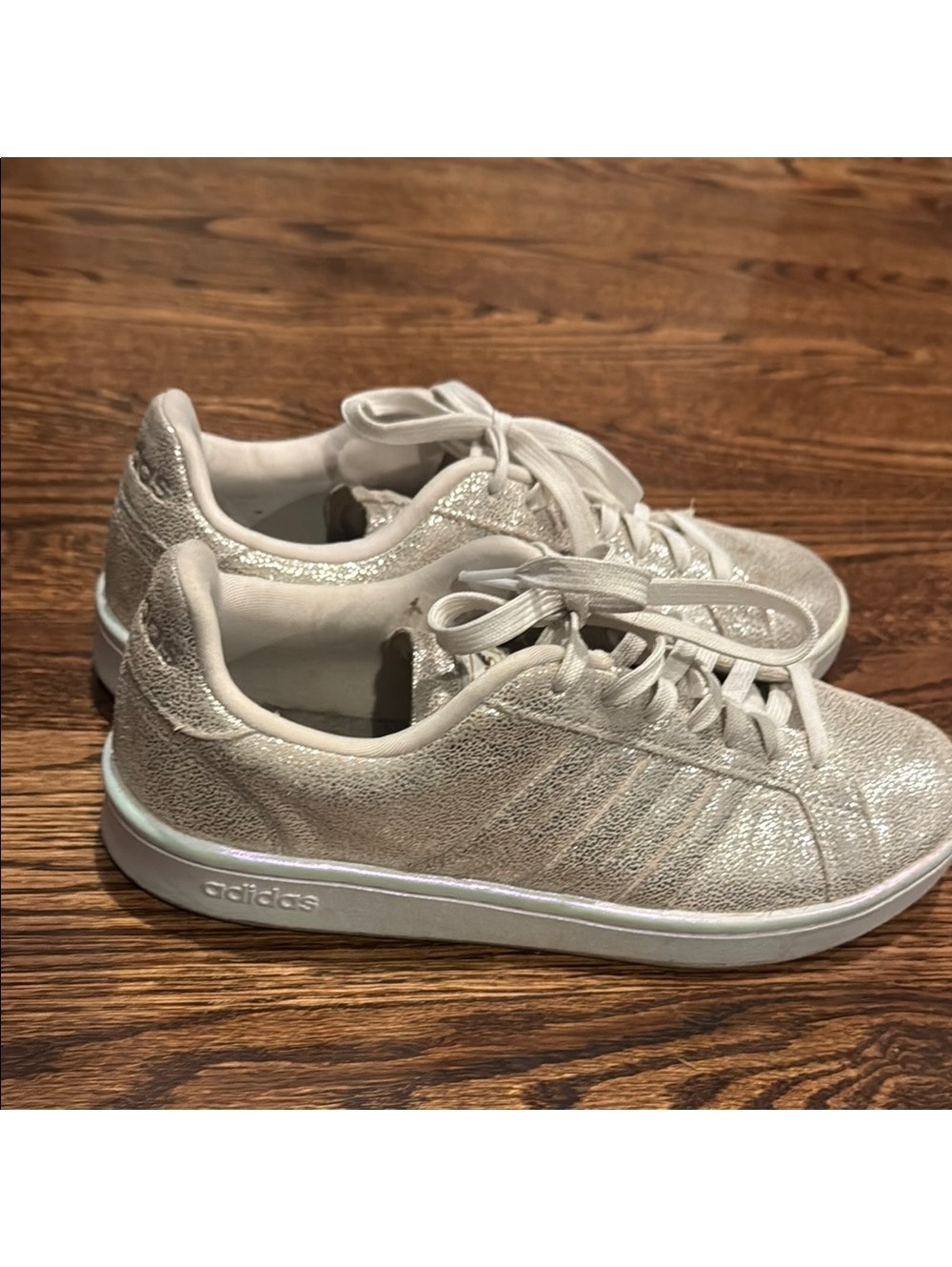 Adidas Silver Sneakers with Shell Toe Design and Iridescent Soles Size 8.5